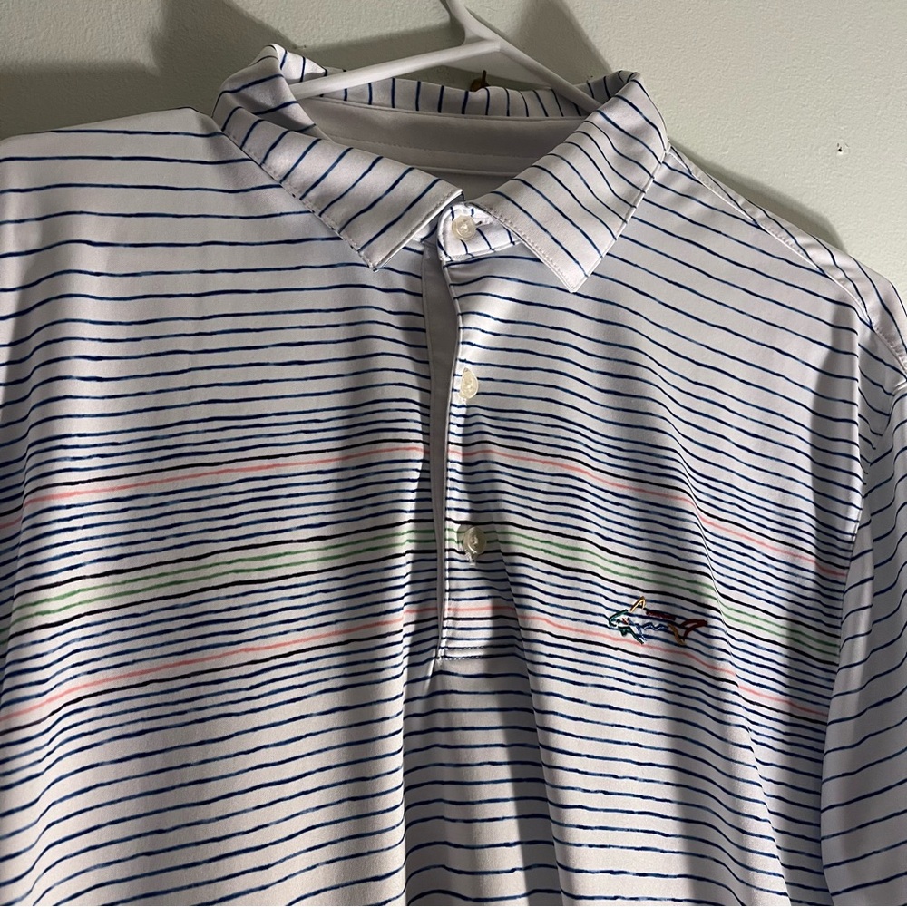 Greg Norman Play Dry White Polo with Navy, Pink & Green Stripes xl